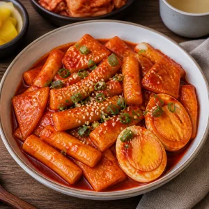 Tteokbokki servito guarnito con semi di sesamo tostati.