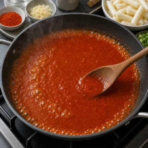 Salsa piccante per tteokbokki in ebollizione mentre la pasta di peperoncino si scioglie.