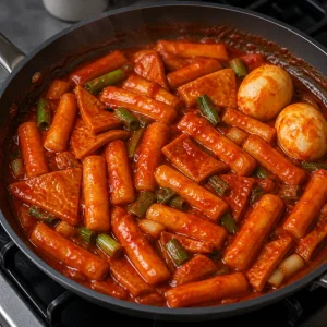 Tteokbokki sobbollito finche la salsa lucida ricopre i tteok.