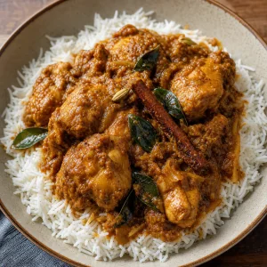 Hot Sri Lankan chicken curry served over fluffy basmati rice.