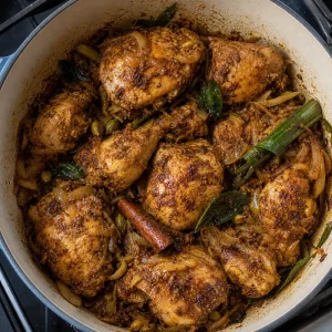 Marinated chicken browning with onions and Sri Lankan aromatics.