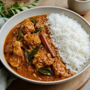 Sri Lankan chicken curry served with fluffy basmati rice.