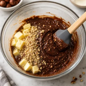 Butter and crushed roasted hazelnuts being folded into chocolate ganache.