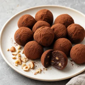Cocoa-dusted Swiss chocolate hazelnut truffles on a plate with crushed hazelnuts.