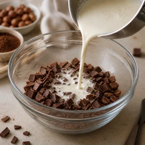 Hot cream being poured over chopped chocolate in a glass bowl.