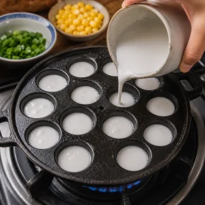 Main coconut batter poured into pan indentations until three quarters full