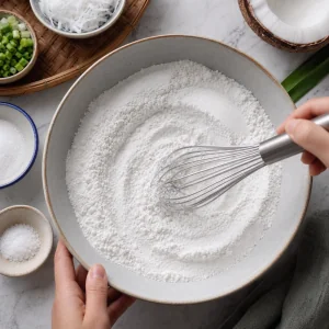 Rice flour, glutinous rice flour, sugar, and salt whisked together in a mixing bowl
