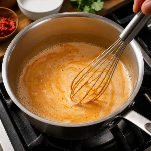 Leche de coco y pasta de curry rojo batidas en una cacerola hasta quedar suaves