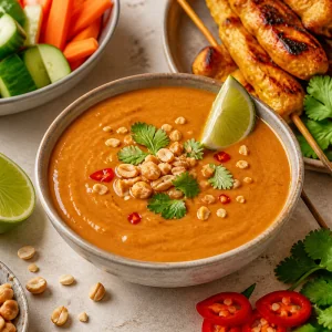 Finished Thai peanut satay sauce with coconut milk in a bowl