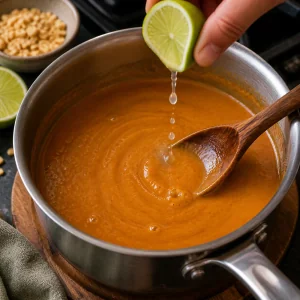 Zumo de lima fresco mezclado con salsa satay tailandesa de cacahuete tibia