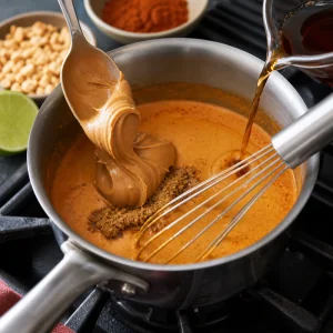 Mantequilla de cacahuete azúcar moreno y salsa de pescado añadidos a la salsa de coco y curry