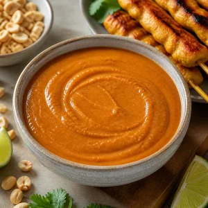 Salsa satay tailandesa de cacahuete enfriándose en un bol antes de servir