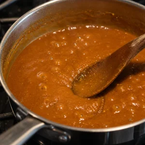 Salsa tailandesa de cacahuete espesa de color naranja marrón hirviendo suavemente