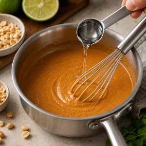 Agua batida en una salsa satay de cacahuete espesa para ajustar la consistencia