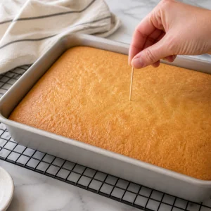 Baked sponge cake cooling in a rectangular pan