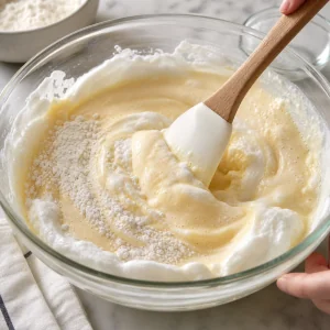 Folding sponge cake batter gently with a spatula
