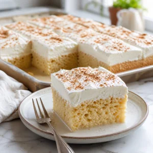 Slice of tres leches cake with whipped cream and cinnamon