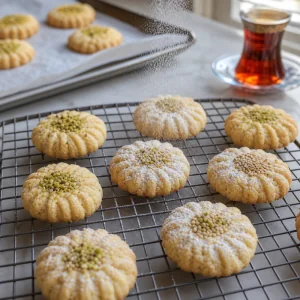 Azerbaijani cardamom shortbread cookies cooling on a wire rack with powdered sugar