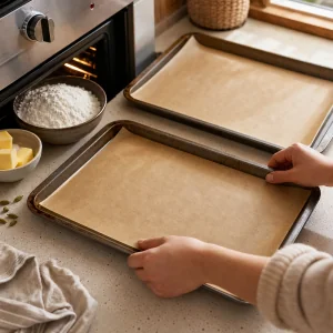 Parchment paper being placed on baking sheets for Azerbaijani shortbread cookies