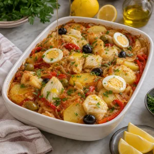 Baked cod and potatoes finished with lemon and olive oil