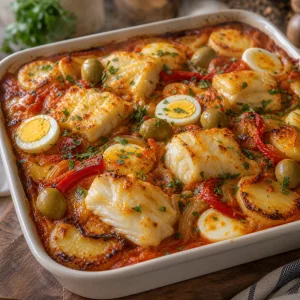 Bubbling baked cod casserole with golden potato edges