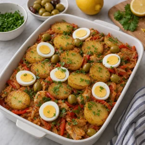 Cod and potato bake layered with eggs and olives