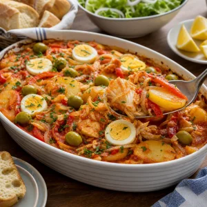 Family-style cod bake served with bread, salad and lemon