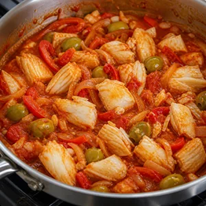 Flaked cod and green olives folded into tomato sauce