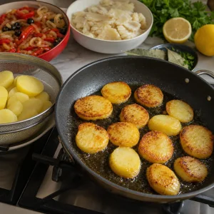 Golden potato slices frying in a skillet