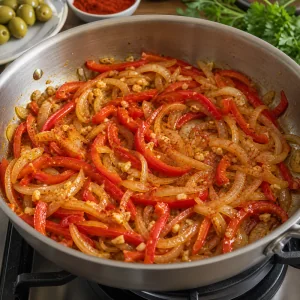 Onions and red pepper softened with garlic and paprika