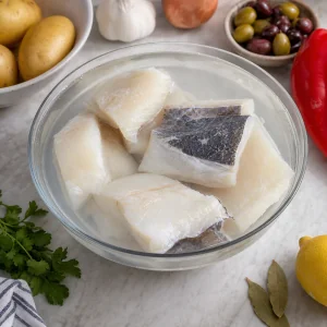 Salted cod soaking in cold water
