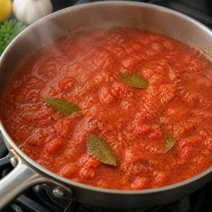 Thick tomato sauce simmering with bay leaves