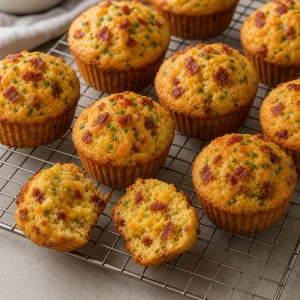 Bacon cheddar cornmeal muffins cooling on a rack with one split open