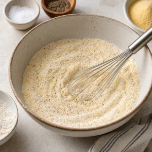 Cornmeal and flour mixture with black pepper flecks in a mixing bowl