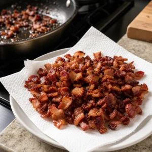 Crisp chopped bacon cooling on paper towels beside a skillet