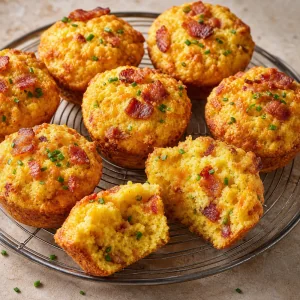 Golden bacon cheddar cornmeal muffins with chives on a cooling rack