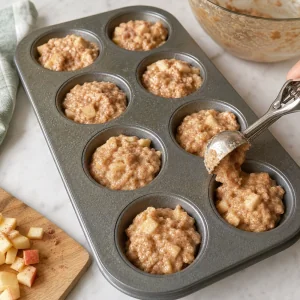 Apple fritter batter spooned into greased muffin cups three quarters full