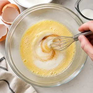 Beaten eggs mixed with milk and vanilla until smooth