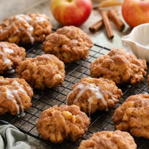 Cinnamon sugar apple fritters cooling on a wire rack before serving warm