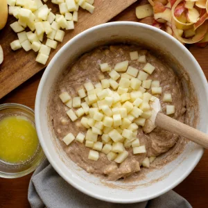 Finely diced apples folded into fritter batter with melted butter