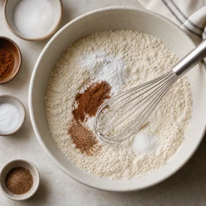 Flour sugar baking powder cinnamon salt and nutmeg whisked in a mixing bowl