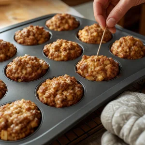 Golden baked apple fritters in a muffin tin with a clean toothpick test