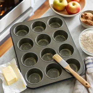 Greased muffin tin prepared for baked apple fritters