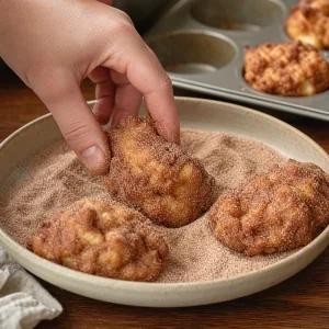 Warm baked apple fritters rolled in cinnamon sugar until coated