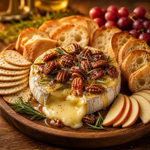 Baked brie served with baguette, crackers, and apple wedges