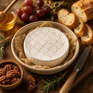 Brie wheel scored with a shallow crosshatch pattern