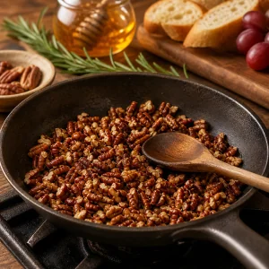 Chopped pecans toasting in a small dry skillet