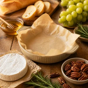 Parchment-lined baking dish with brie and appetizer ingredients