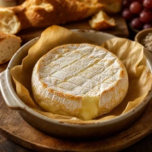 Soft baked brie bulging gently in a parchment-lined dish
