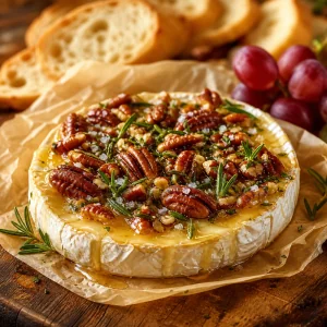 Warm brie topped with honey, toasted pecans, rosemary, and sea salt